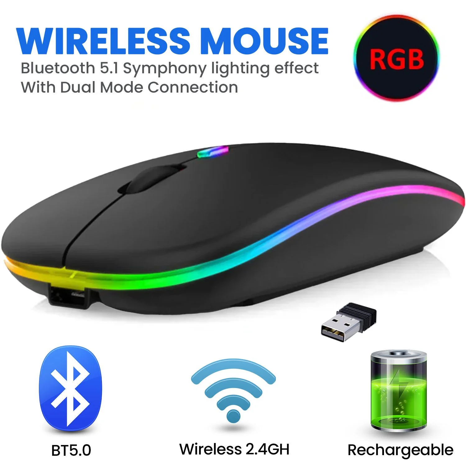 Wireless Bluetooth Mouse for Laptop,Rechargeable Mouse 2.4G USB Optical  Wireless Mouse,LED Slim Dual Mode(Bluetooth 5.0 and 2.4G) Wireless Mouse  for Laptop, PC, Mac OS,Android,Windows (Black) » Mobile Daraz