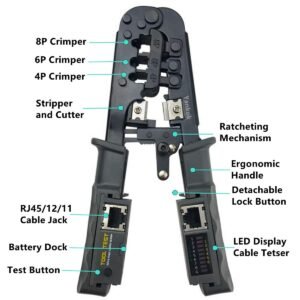 468ST Modular Plug Crimper (Crimps RJ45 8P8C, RJ12, RJ11, RJ10, RJ9 Connectors with Cable Stripper, Cutter & Built-in Cable Tester)